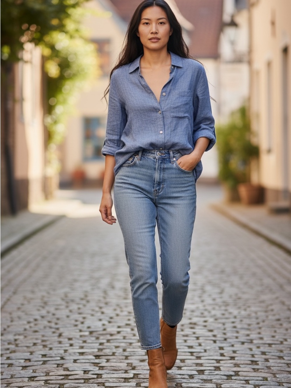 Karen Kane Chambray Button-Down Shirt in Blue